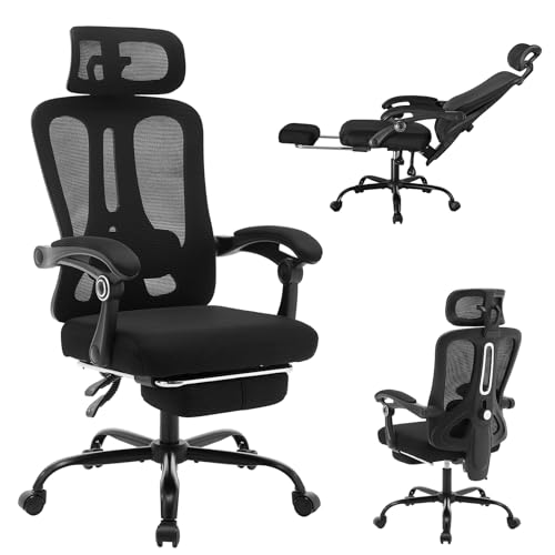 Ergonomic Office Chair with Footrest, Ergonomic Desk Chair with Adjustable Lumbar Support, High Back Mesh Office Chair with Headrest, Executive Office Computer Chair 360 Swivel Task Chair Black