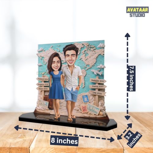 Image of Wood Rectangular Personalized Caricature Gift for Couple, 7 Inches, Tabletop Multicolor, Art Deco Style (COUPLE 16)
