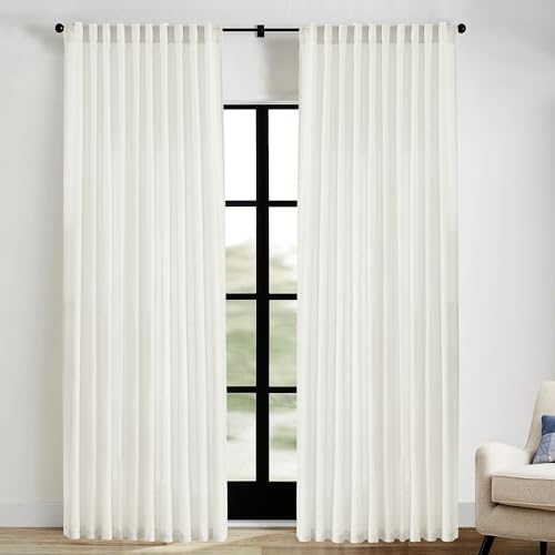 Image of Extra Wide Curtains 70 In Width for 60 & 72 Inch Window,Pleated Back Tab Linen Semi Sheer Full Length Curtains for Living Room Sliding Glass Door 2 Panel Set,72x84,70x84,6FT x 84 Inches Long,Cream