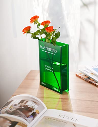 Nihome Acrylic Book Vase, Book Vase For Flowers, Chic Clock & Central Park Coordinates, Book Shaped Vase Flower Vases Decorative Aesthetic Room Decor - Green #TOP5