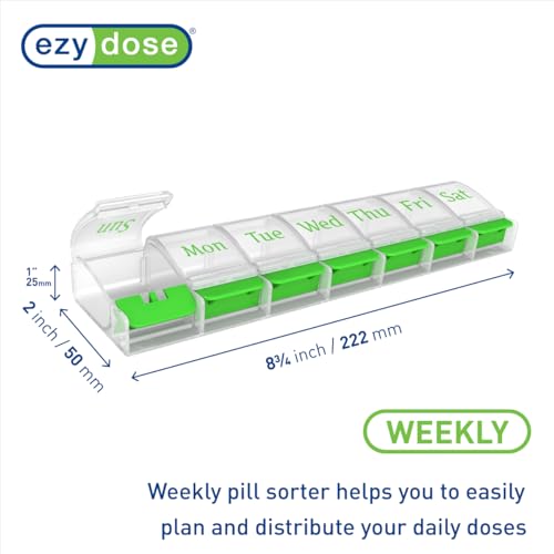 Image of Ezy Dose Weekly (7-Day) Pill Organizer, X-Large Medicine Case, Green /Clear | Daily Vitamin & Supplement Planner, Spacious Push-Button Compartments, Convenient & Easy to Use, Travel-Friendly, BPA-Free