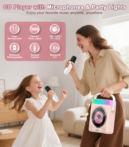 Image of Greadio Portable Bluetooth CD Player with 2 Karaoke Microphones & Lights | 4000mAh Rechargeable, Kids Karaoke Machine for Home, Outdoor, Parties, Simple Controls, Remote, CD /USB /TF /AUX Playback (Pink