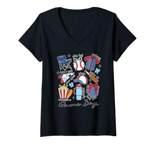 Mujer Divertido Día del Juego Deportes Celebración Gráfica Béisbol Camiseta Cuello V