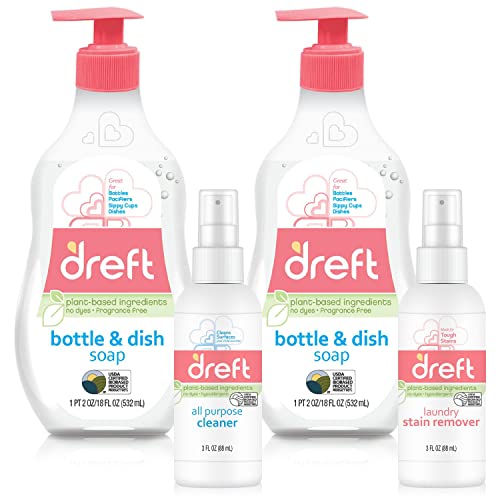 Image of DREFT Bottle and Dish Soap Baby Gift Set - Bonus Travel Size Dreft All Purpose Cleaner & Stain Remover - Made to Clean Baby Essentials - Plant Based Ingredients, Fragrance Free Formula - 4 Piece Set