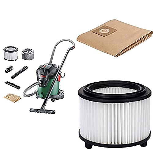 Bosch Home and Garden AdvancedVac 20 Aspiratore, 20/13.5 litri, 1200 W, Verde/Nero, 1 Pezzo + Bosch 5 sacchetti filtro di carta + Bosch Filtro a Cartuccia per Aspirapolvere Lavabile