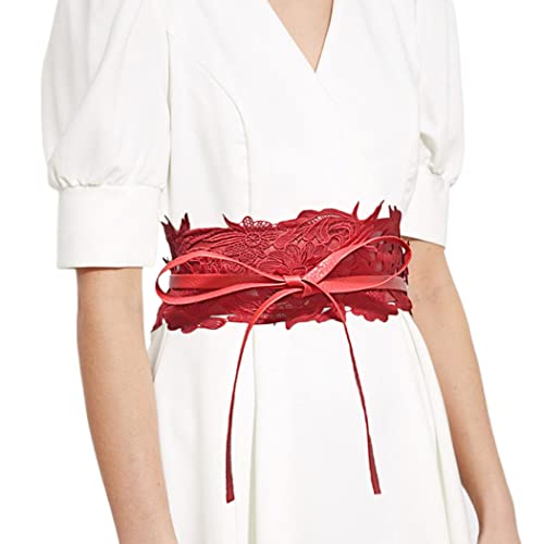 Asooll Vintage Lace Waist Belts Wide Leather Obi Bowknot Cinch Belt Corset Waist Bands Party Prom Dress Waist Belts for Women (Red)