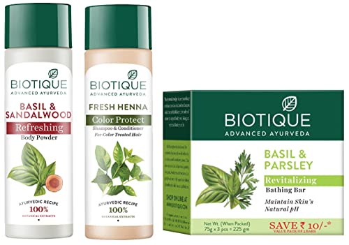 Biotique Bio Basil and Sandalwood Body Powder&Biotique Bio Basil and Parsley Body Body Soap&Biotique Fresh Henna Color Protect Shampoo & Conditioner For Color Treated Hair, 190
