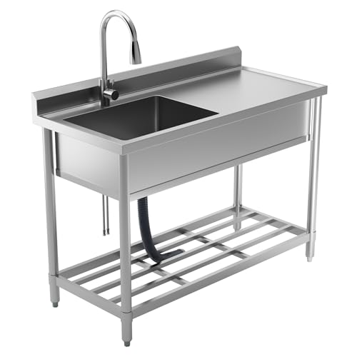 Stainless Steel Utility Sink with Retractable Hot & Cold Faucet, 47.2' Free Standing Single Bowl Sink with Drainboard for Kitchen, Laundry Room, Garage, Farmhouse