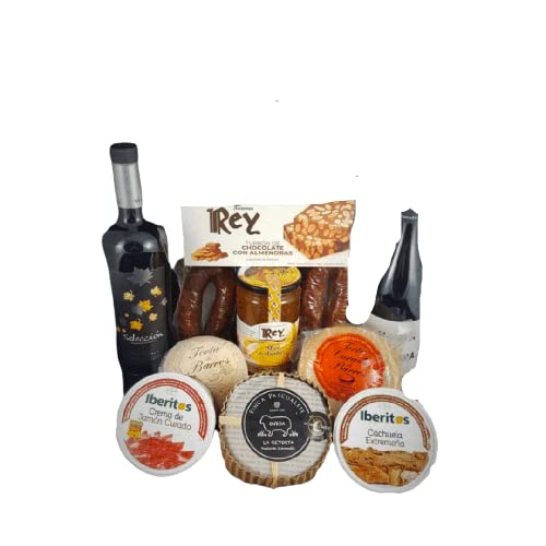 Cesta de Regalo para Empresas Gourmet con Vino Viña Puebla Selección, Torta de Cabra de Barros, Chorizo Ibérico, Turrón de Chocolate con Almendras – Corazón Extremeño