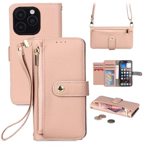 Étui portefeuille rose avec bandoulière iPhone 15 Pro Max coque zippée