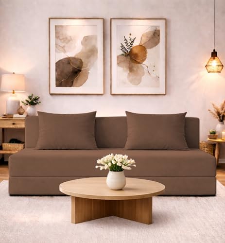 Image of Adorn India Easy 4 Seater Sofa Cum Bed | Velvet Fabric | Camel | Plain Design | 6x6 Ft | Comfortable Seating | Washable Cover | Perfect for Home & Office