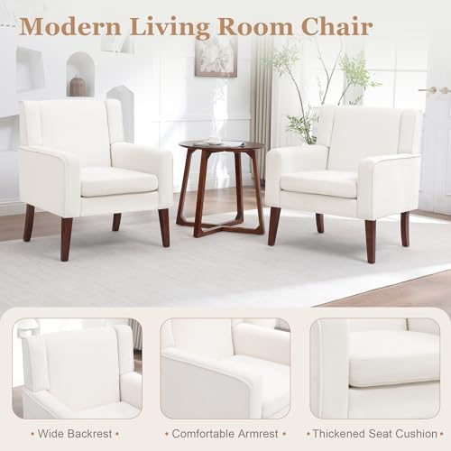 Image of Accent Chairs for Living Room, Mid-Century Reading Chair with Wood Legs, Upholstered Comfy Living Room Chair for Bedroom, Apartment, Waiting Room, Beige