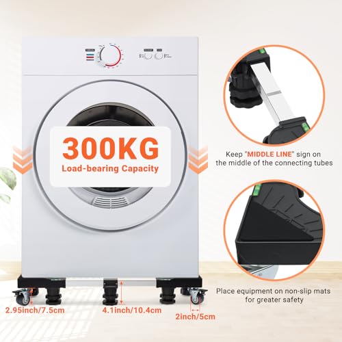 Humagineer Aufrüstung Verstellbares Waschmaschinen Untergestell 61-78cm, 10 Füße und 4 Räder, Stabiler Waschmaschinen Sockel Kapazität 300KG für die meisten Möbel, größere Trockne, Kühlschränk,Schwarz