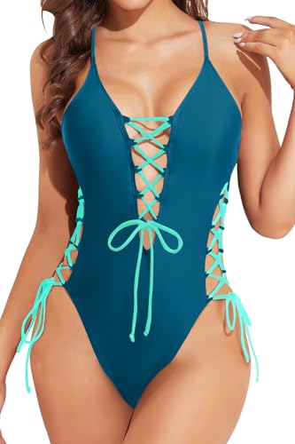 Image of Tempt Me Women Sexy Lace Up One Piece Swimsuit Deep Plunge V Neck High Cut Bathing Suits