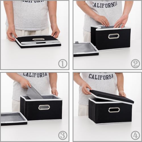 Image of PRANDOM Storage Boxes with Lids [3-Pack] Fabric Collapsible Storage Bins Organizer Containers Baskets Cube with Cover for Home Bedroom Closet Office Nursery Black（11.4X8.6X6.7