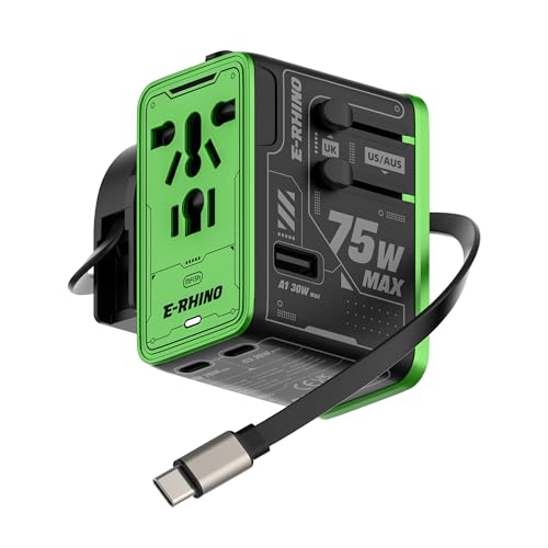 Image of MFish 75W Universal Travel Adapter, 5-Port International Power Adapter with Retractable USB-C Cable, 3 USB-C & 1 USB-A + AC Outlet, Worldwide Wall Charger for MacBook, iPhone, iPad, EU /UK /US /AUS Black