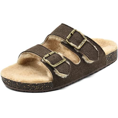 ONCAI Zapatillas Mujer Casa Shearling Corcho Ajustable Buckle Doble Hebilla Ajustable Comodas Cuero Planas Zuecos Marrón 39