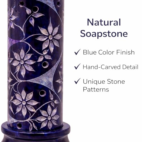 Image of Marble Soapstone Incense Holder, Blue, 3x3x10 Inches | Handmade, Round Carving, Candle Burner, Tea Light Holder, Decorative Home and Office Decor