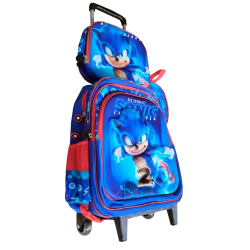 Kit Mochila Infantil Sonic com Rodinhas + Lancheira Térmica + Estojo Escolar em 3D
