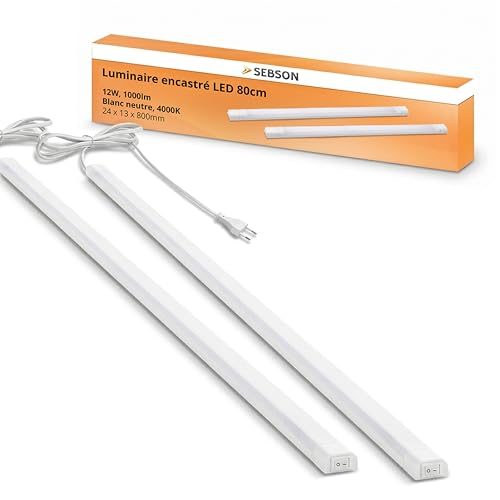 SEBSON Réglette LED Cuisine 80cm avec Prise 230V et Interrupteur - Set de 2 - Blanc Neutre 4000K, 12W, 1000lm, Lampe de Placard - Éclairage sous Meuble pour...