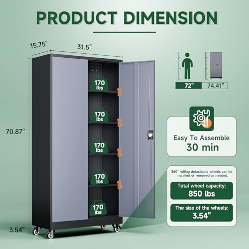 Image of Letaya Metal Garage Storage Cabinets with Lock Door and Adjustable Shelves, Steel Tool Cabinets for Home,Office,Warehouse Organisieren (Black Grey, 74.41 inch H)