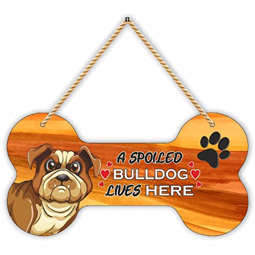 Image of CVANU Angry Dog MDF Wooden Pet Sign Plaque Bone Design A Spoiled Bulldog Lives Here Animal Love Sign Board, Name Plate for Dog House Brown & Yellow, Size(10x5) inch