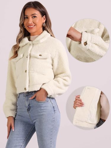 Allegra K Fuzzy Fleece Jacket for Women's Casual Faux Fur Button Winter Outerwear Short Coat2