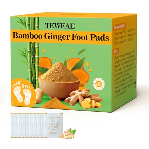 Image of TEWEAE 62-Count Ginger Foot Pads, Bamboo Vinegar & Mugwort Foot Patches to Sleep Better | Stress & Fatigue Relief | Relaxation Foot Spa for Tired Feet | Use During Sleep