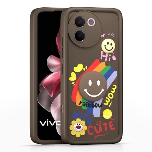 Image of Pikkme Back Cover for Vivo V30e 5G | Soft Silicone| Cute Rainbow Smile & 3D Cartoon Flower Design | Shockproof Raised Camera Protection Bumper Case (Brown)