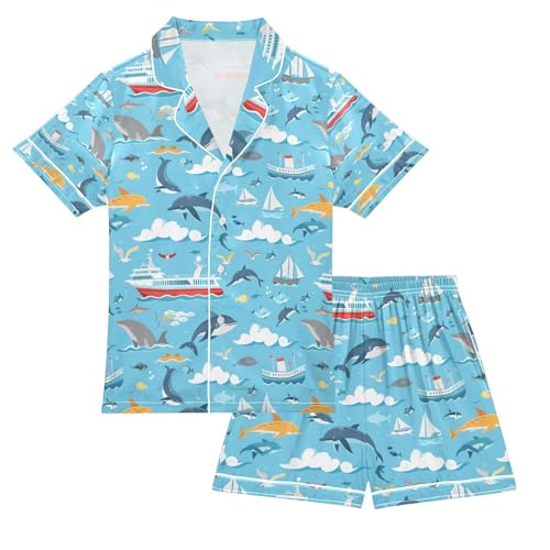 senya Boat Whale Satin Summer Pajama Sets Silk Short Sleeve Button Down Sleepwear