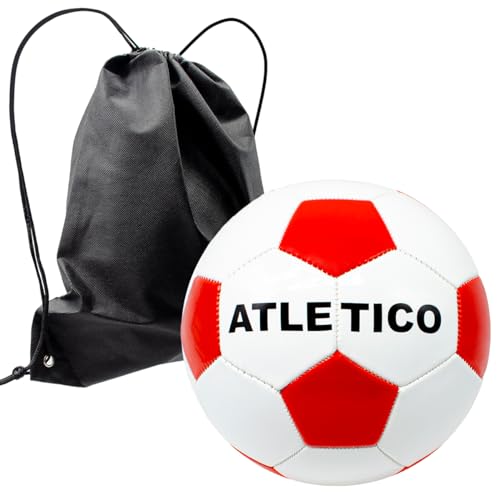 ms móvil shop Balón Fútbol Atletico Talla 5 Color Rojiblanco + Mochila Negra para Llevar en el Verano, Playa, Piscina, Campo.