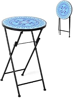 CASART Round Side Table, Folding Mosaic Accent Table Outdoor Dining Tables, Iron Frame Bistro Table Ceramic Tile Coffee Table for Garden Backyard Patio Poolside (Blue Four Leaf Clover)