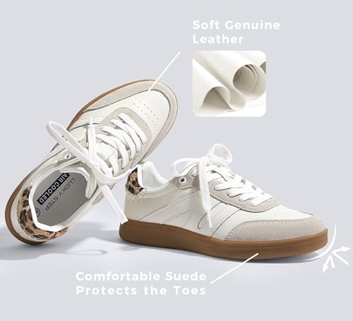 Image of LUCKY STEP Women Classic Retro Gum Sole Fashion Sneakers Casual Tennis Skate Shoe Genuine Leather Walking Footwear Anti Slip Trainers