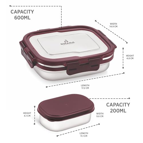 Image of Dhara Stainless Steel Blaze Tiffin Box for School, 800ml Airtight Lunch Box 600ml with Mini Container 200ml and Spoon - Maroon