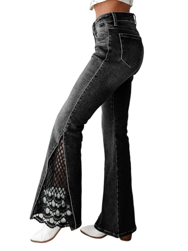 utcoco Women's Stretch Slim Fit High Waisted Bootcut Jeans Lace Hollow Out Bell Bottom Flare Jeans for Women