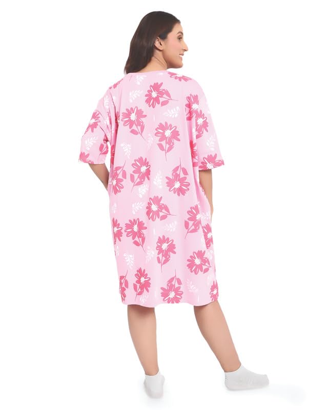 Image of LAMA STORE Women's Printed Oversized T-Shirt Dress, Cotton, 3 /4 Sleeve Length, Casual Loose Fit, Comfort Wear Extra Comfy Oversized Printed Pocket T-Shirt Dress