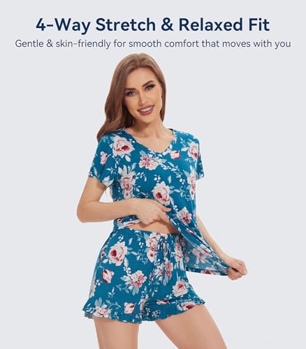 Image of WiWi Womens Pajamas Set Bamboo Viscose Super Soft Short Sleeve Top Ruffle Shorts Sleepwear Cooling Pj Sets S-XXL