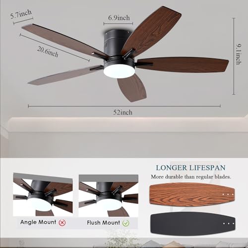 Image of Ayaoty Ceiling Fans with Lights, 52 inch Low Profile Indoor Ceiling Fan with Light and Remote Control, Dimmable, Noiseless, Reversible, Brown Ceiling Fan for Bedroom, Indoor /Outdoor Use