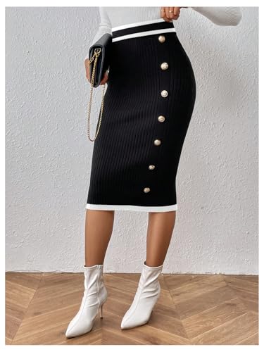MakeMeChic Women's Ribbed Knit Contrast Binding Midi Skirt Button Bodycon Skirts3