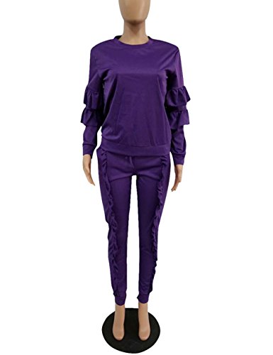 image for KANSOON Women 2 Pieces Outfits Puff Sleeve Top and Long Flounced Pants