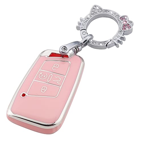 Image of Pangpai Pink Key Fob Cover for VW Volkswagen, Soft TPU Key Case Protection with Bling Keychain Fit for Tiguan Atlas Jetta Passat Golf Alltrack Smart Key