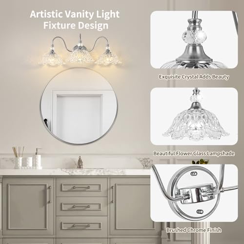Image of Brushed Chrome 3-Light Bathroom Vanity Light with Floral Clear Glass Shades, Modern Wall Mount Lighting for Bathroom, Dressing Table