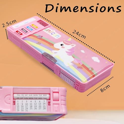 Image of Plastic Multifunctional Cute Unicorn School Pencil Box for Girls - Multi Compartment Button Operated Unicorn Compass Box, Stationary Items- Pencil Case & Geometry Box for Kids, Pink