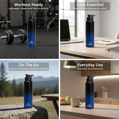 Image of Speedex Stainless Steel Water Bottle 1 Ltr, Leak Proof Sipper Cap, BIS Approved 1000 ml Metal Bottle For Daily, Office, School, Gym, Travel Use for Men, Women, Kids, Adults, Black Blue, Set of 4