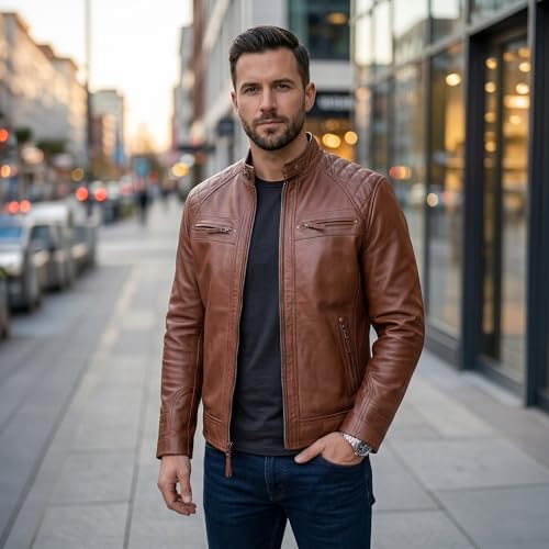 Image of Leather Jacket Men - Real Lambskin Motorcycle Jacket with Snap Tab Collar, Adjustable Waist & Zippered Pockets