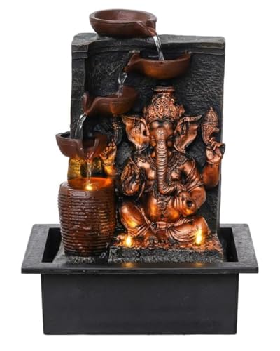 Image of UAG Exports Tabletop Indoor Water Fountain /Waterfall 4-Diya Ganesha Fountain with LED Light & Water Flow Controller Pump for Home Decor, Office, Bedroom, Gifting (Size: 40x30x22CM | Weight: 2075grm)