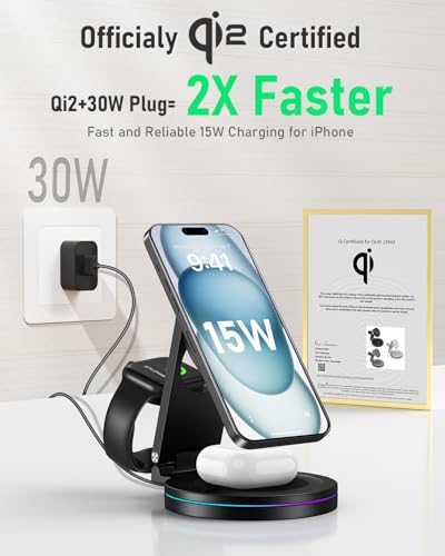 2025 Upgraded Qi2 Foldable Rotatable Zinc Alloy 3 in 1 Magnetic Wireless Charging Station, for Apple iPhone 12~16,iWatch,AirPods & Samsung Phones and Earbuds.30W Adapter & Case Included(Grey)