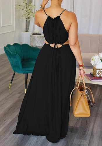 Image of Unybwonn Womens Summer Dress Spaghetti Strap Halter Sleeveless Sexy Cutout Boho Maxi Sundress Beach Vacation Dresses