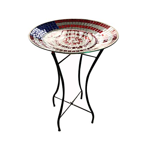 Backyard Expressions Handpainted Glass Bird Bath with Metal Stand for Outdoor Patio Garden - American Flag Design