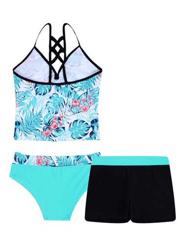 Hansber Kids Girls 3 Piece Tankini Floral Printed Tops with Boyshorts Bottoms Swimsuit Bathing Suit Green Palm Leaves 7-82